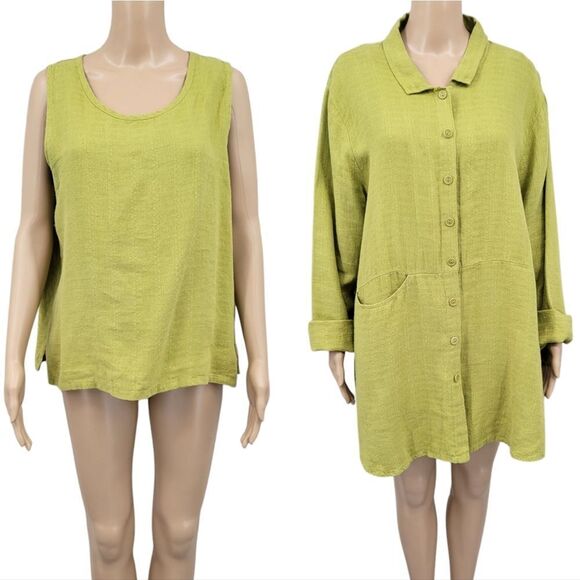 Flax Linen Green Sleeveless Top and Matching Long Sleeve Tunic Schaket - Picture 1 of 15